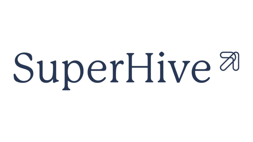 SuperHive logo: navy wordmark with a stylized paperclip emblem to the right