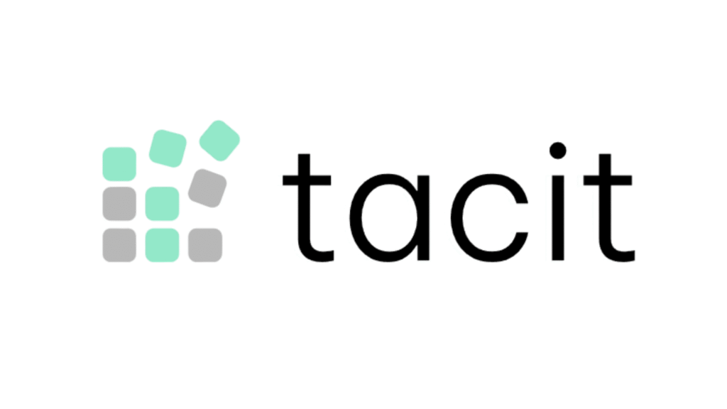Tacit logo: a mosaic of teal and gray squares to the left of the bold, lowercase 'tacit' text.