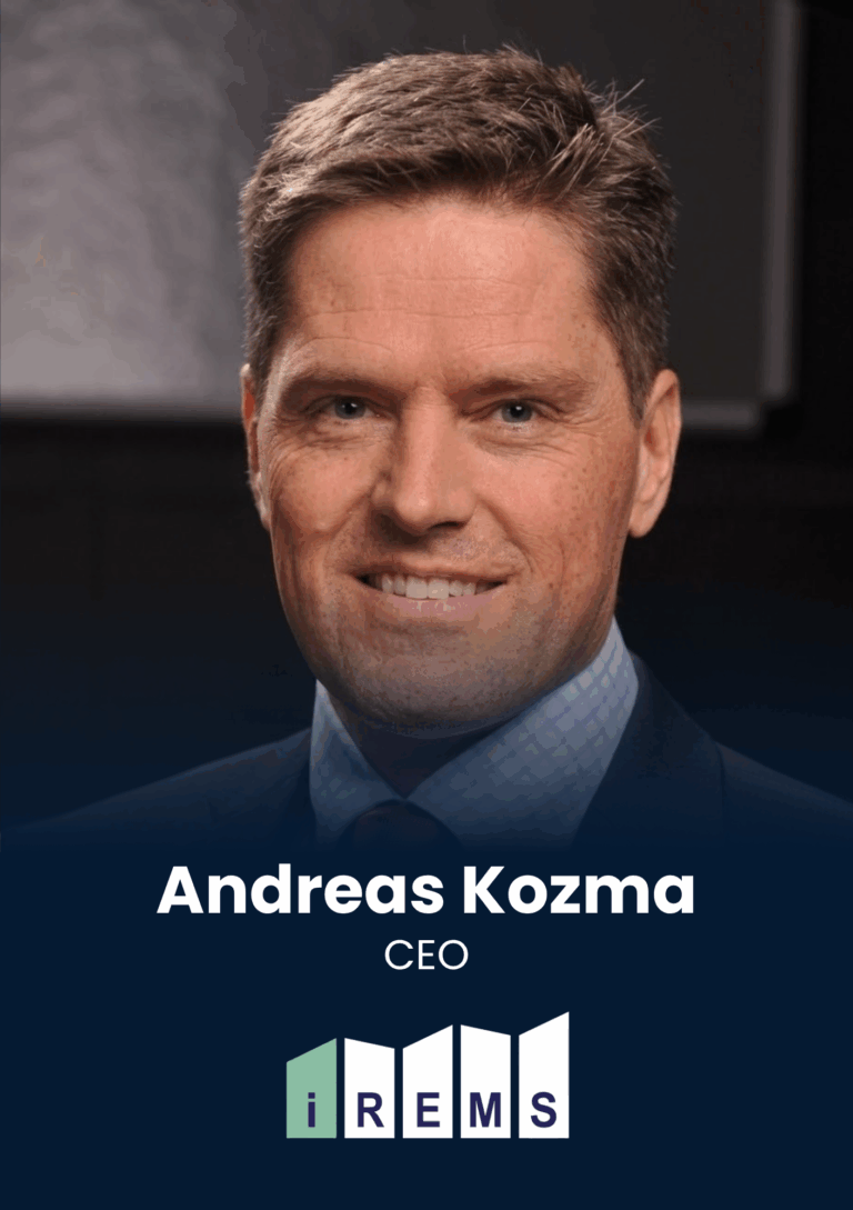Head-and-shoulders portrait of Andreas Kozma, CEO, in a suit with a smile, featuring the iREMS logo at the bottom center.