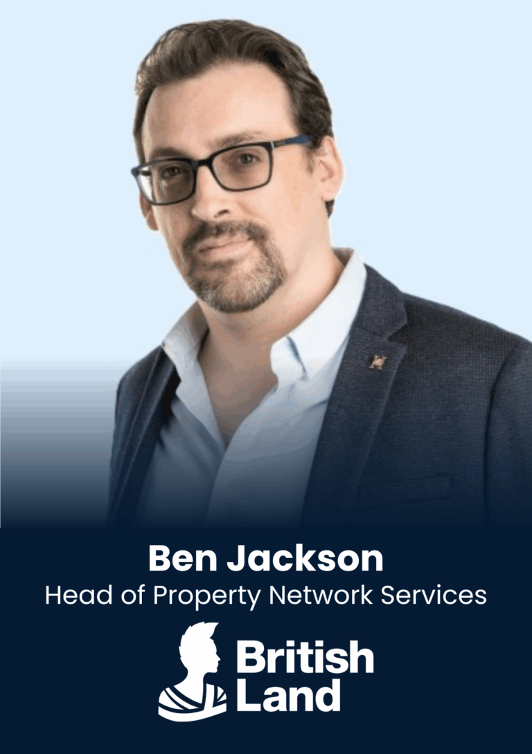 Portrait of Ben Jackson wearing glasses and blazer, with the title 'Head of Property Network Services' and British Land branding in a blue banner.