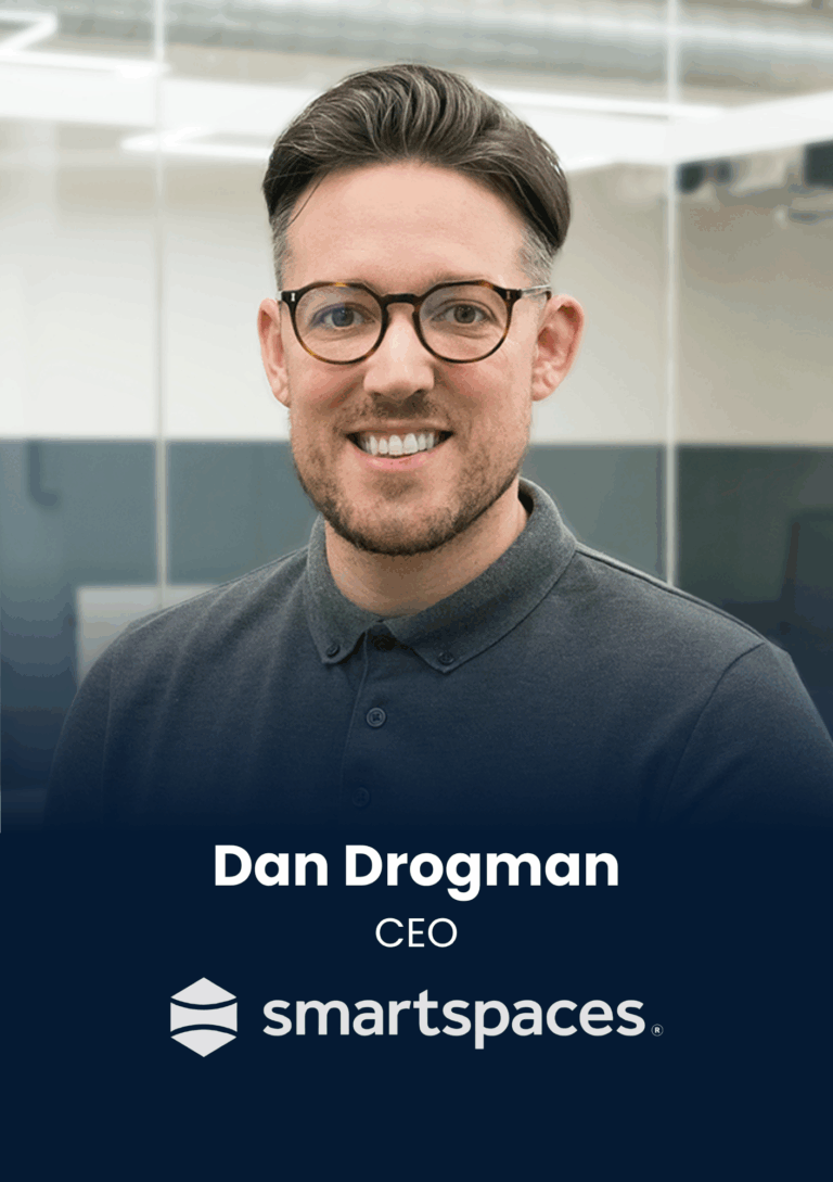 Portrait of Dan Drogman, CEO of SmartSpaces, smiling in a professional headshot with the SmartSpaces logo and name visible on the dark banner beneath.