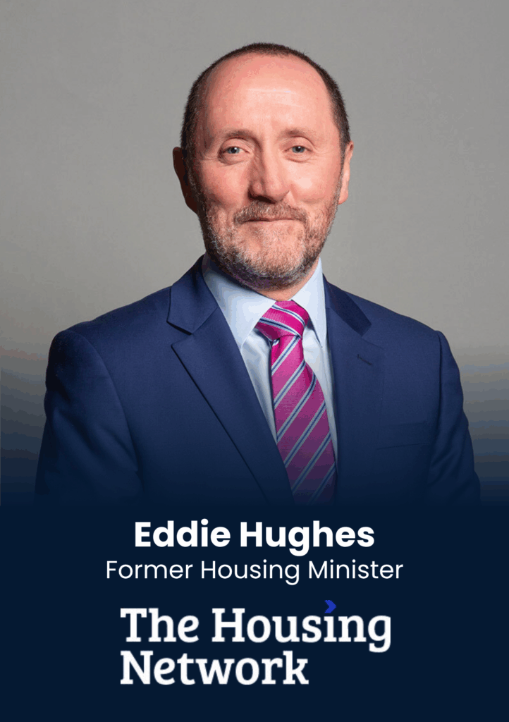 Portrait of Eddie Hughes in a navy suit and pink striped tie, with the headline 'Eddie Hughes Former Housing Minister' at the bottom.
