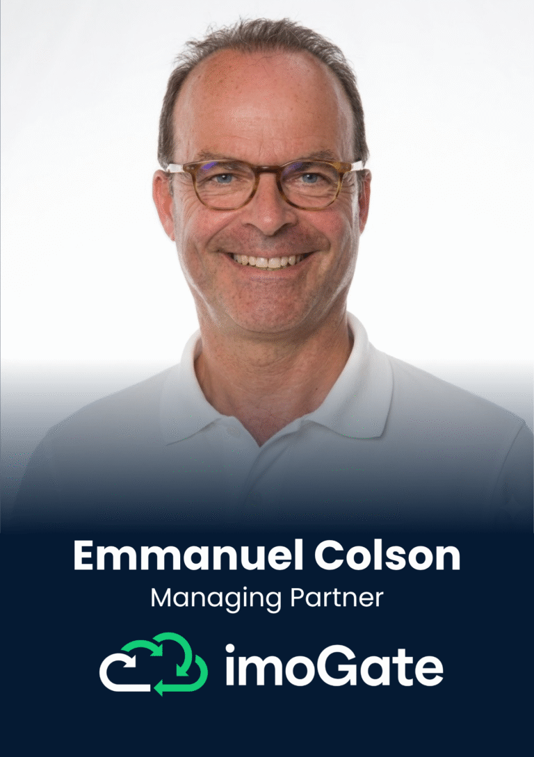 Smiling man with brown glasses in a white polo, overlaid with a dark blue banner and text for a professional profile (logo: imoGate).