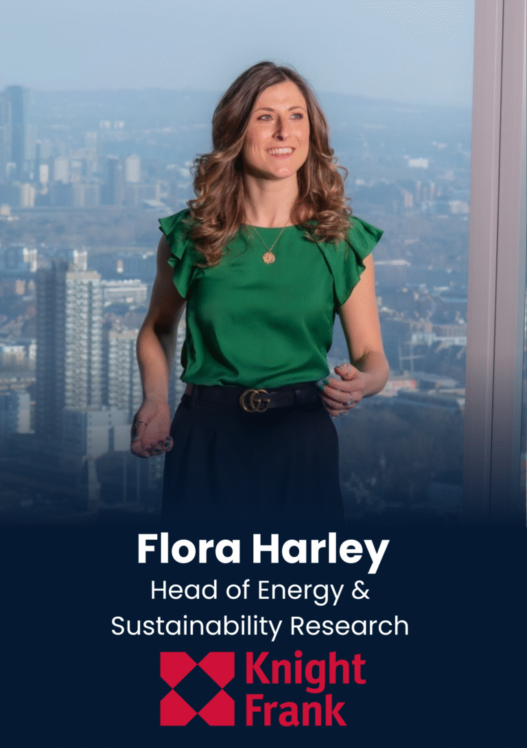 Portrait of Flora Harley in a green blouse, with a city skyline behind her and a Knight Frank banner below (text shows her name and title).