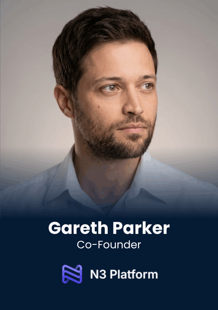 Portrait of Gareth Parker, Co-Founder, looking to the right, with a navy banner displaying his name and role.