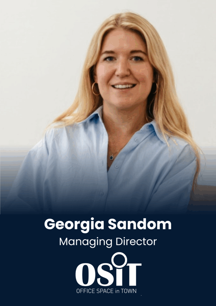 Portrait of Georgia Sandom, Managing Director at OSIT Office Space in Town, smiling in a light blue shirt.