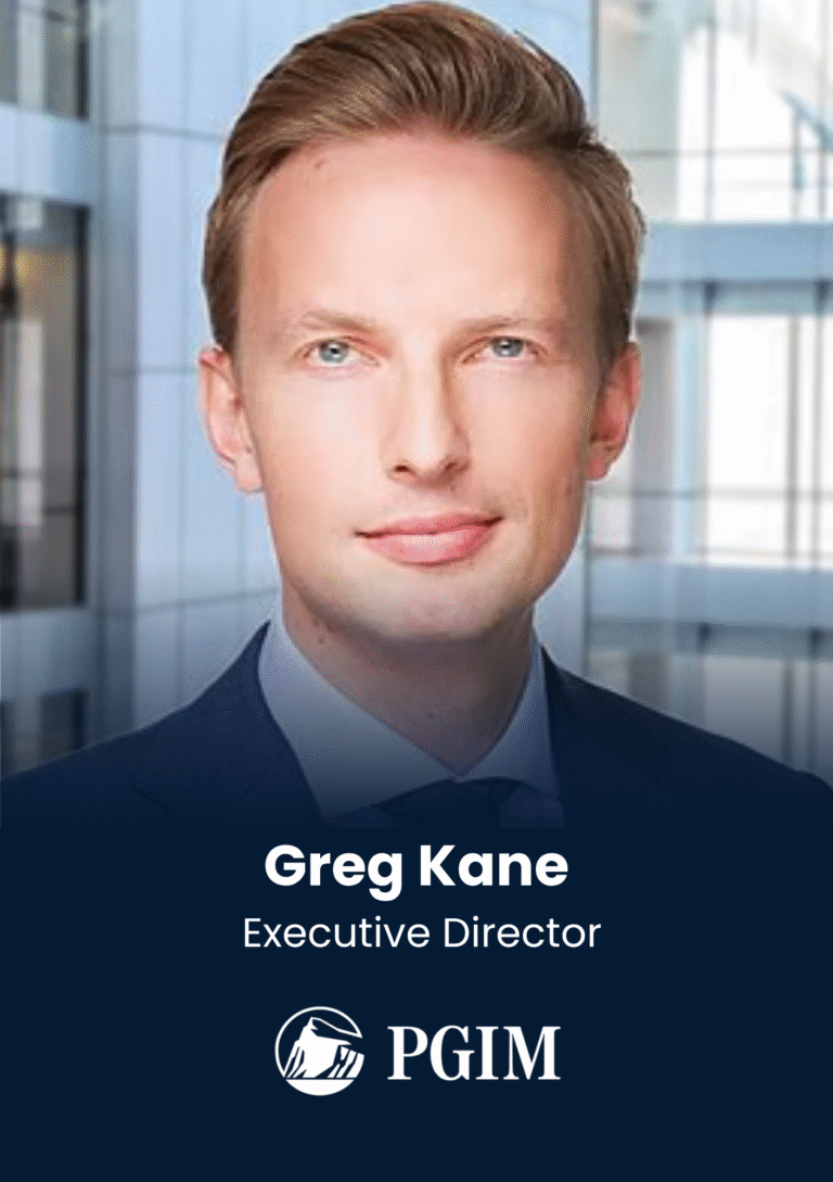 Portrait of Greg Kane, Executive Director, in a navy suit with PGIM logo beneath
