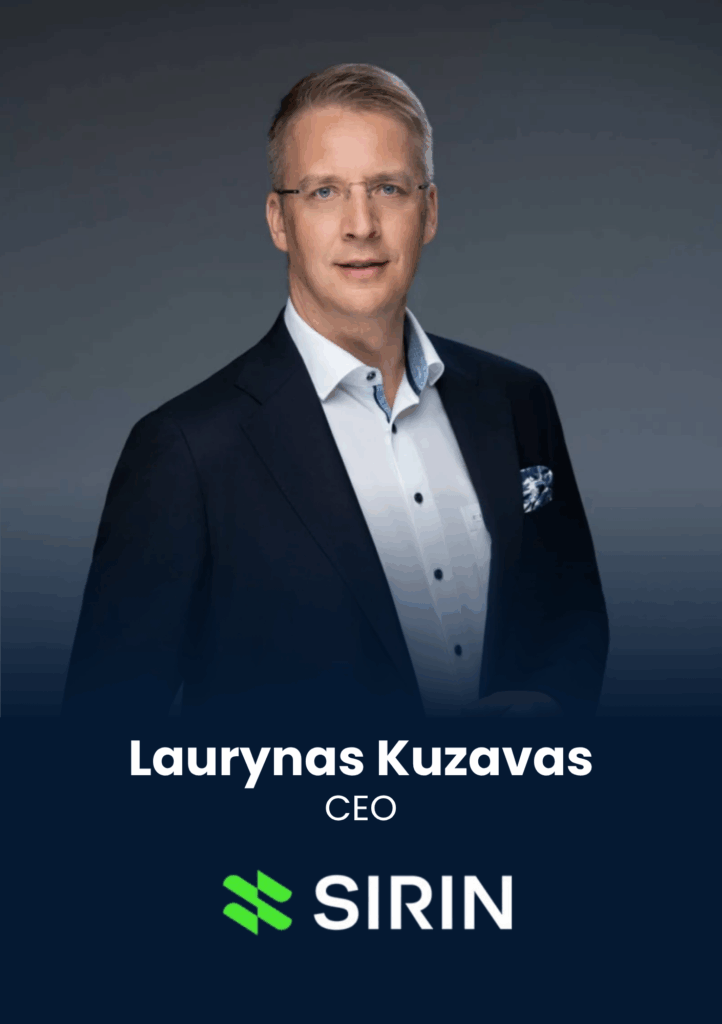 Portrait of Laurynas Kuzavas, CEO, in a navy suit against a dark gradient background for a business profile.