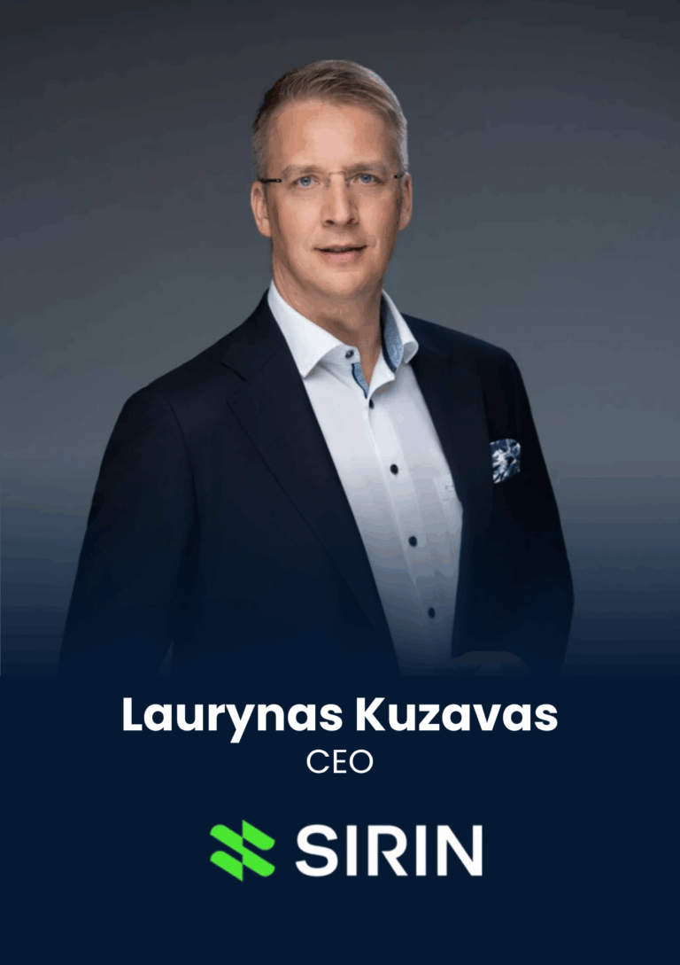 Portrait of Laurynas Kuzavas, CEO, in a navy suit against a dark gradient background for a business profile.
