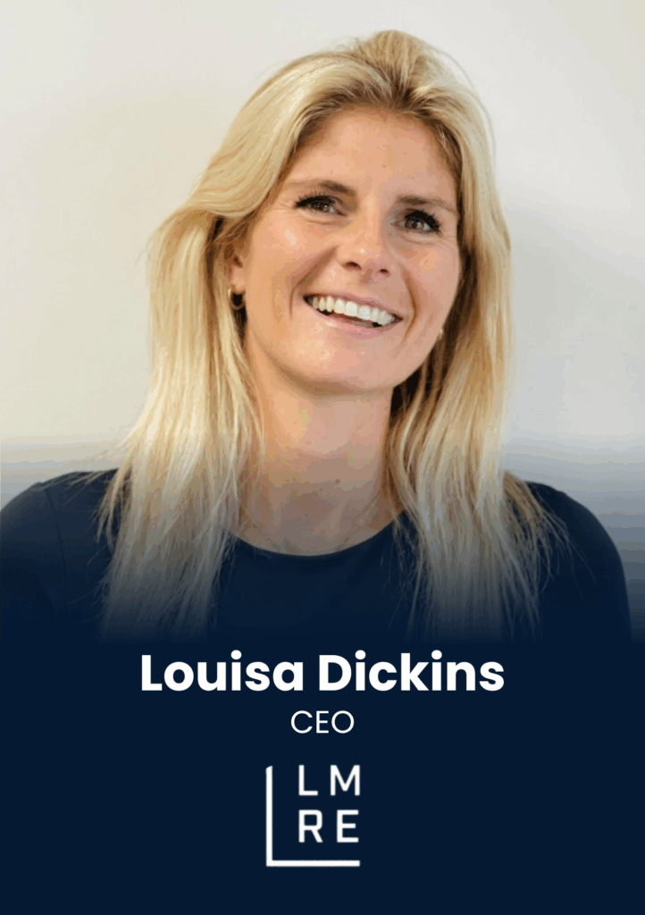 Portrait of Louisa Dickins, smiling CEO, shown from the shoulders up against a light background with a dark gradient and text overlay below.