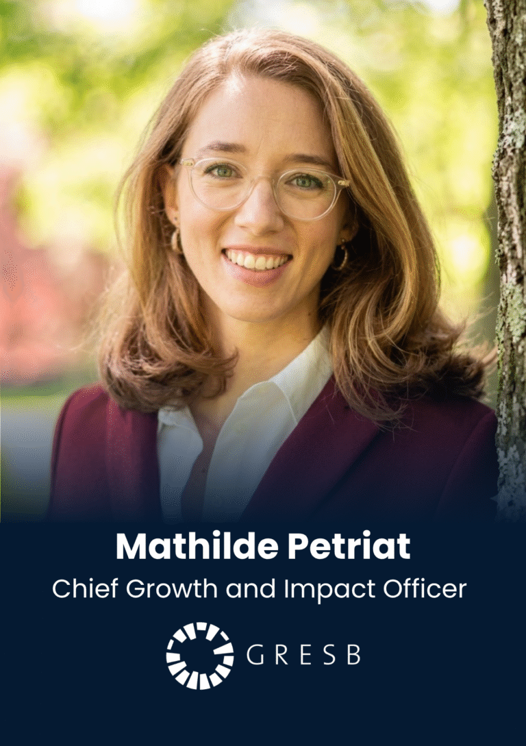 Portrait of Mathilde Petriat outdoors, smiling with glasses; Chief Growth and Impact Officer for GRESB (logo visible below).