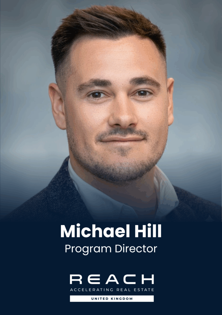 Portrait of Michael Hill, Program Director for REACH United Kingdom, with blue gradient banner and logo in the frame at the bottom.
