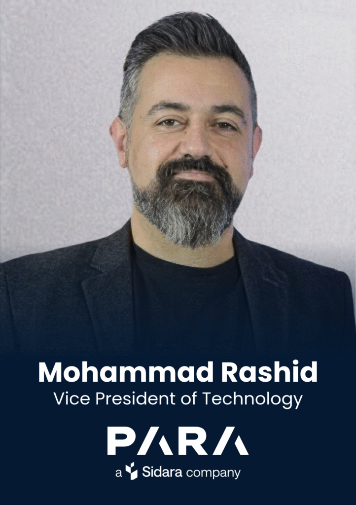 Portrait of Mohammad Rashid, Vice President of Technology, with a dark blue banner displaying the company logo underneath