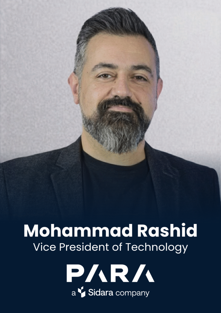 Portrait of Mohammad Rashid, Vice President of Technology, with a dark blue banner displaying the company logo underneath