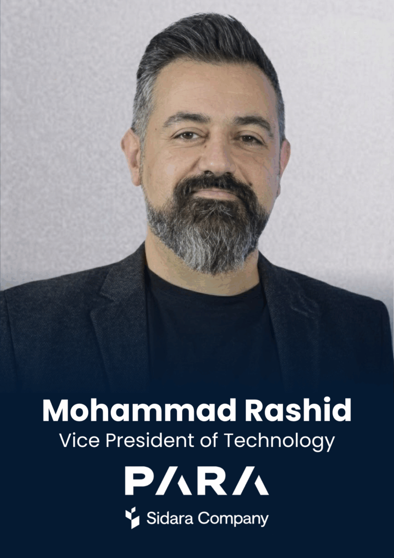 Portrait of Mohammad Rashid, Vice President of Technology, in a dark blazer on a profile banner with company logos beneath.