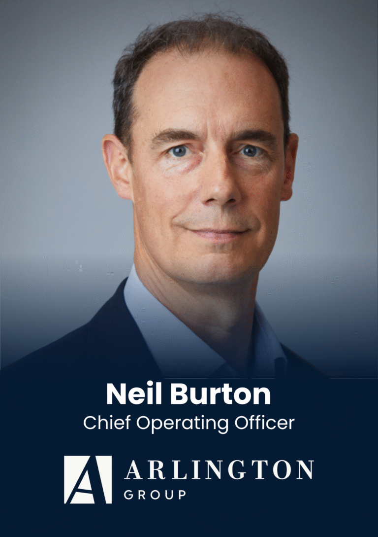 Portrait of Neil Burton, Chief Operating Officer at Arlington Group, with blue profile banner and logo in view.