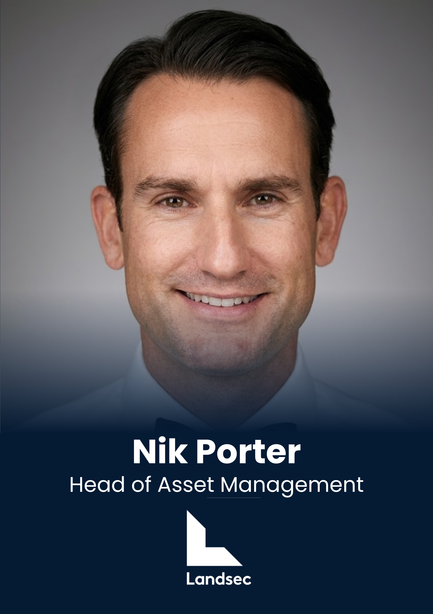 Portrait of Nik Porter, Head of Asset Management at Landsec, smiling against a dark blue banner with the company logo below.