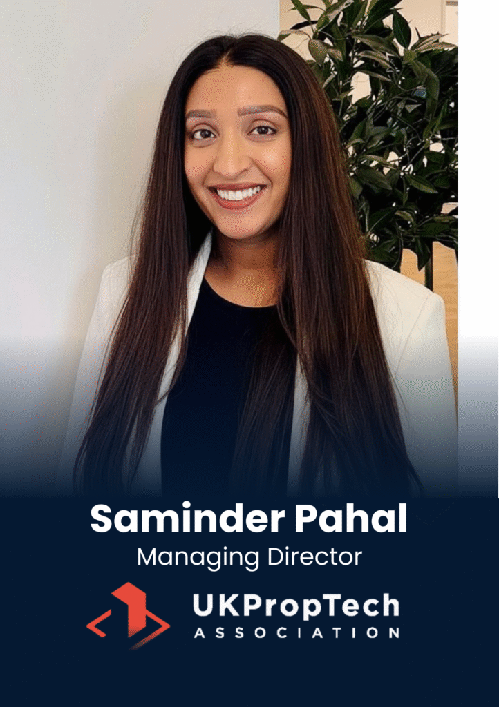 Head-and-shoulders portrait of Saminder Pahal, smiling in a white blazer, with a plant background and text showing 'Saminder Pahal, Managing Director' alongside the UKPropTech Association logo (profile banner).