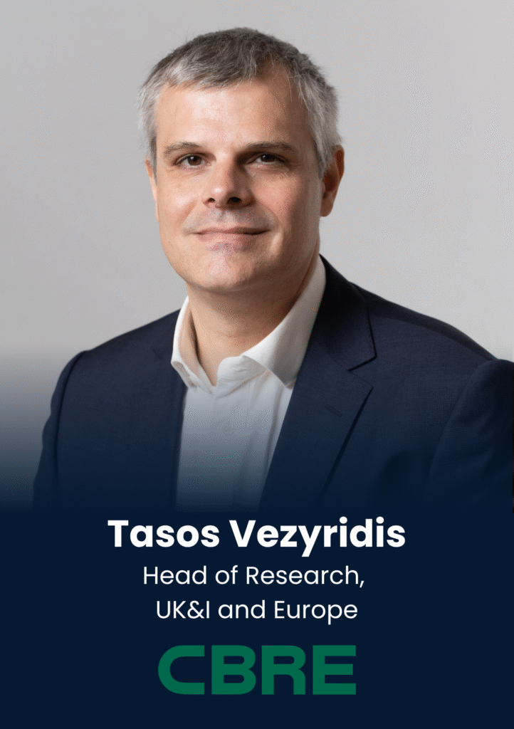 Portrait of Tasos Vezyridis, Head of Research, UK&I and Europe, CBRE, speaker profile at PropTech Connect.