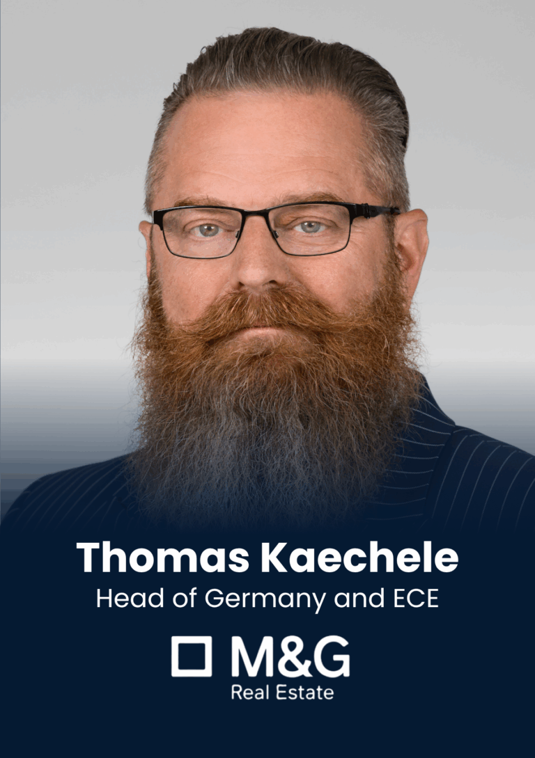Portrait of Thomas Kaechle, Head of Germany and ECE for M&G Real Estate, with the company logo visible below on a dark banner.