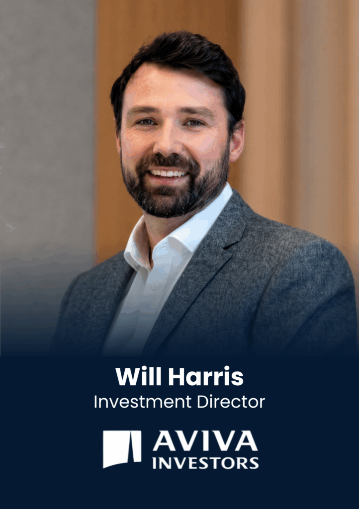 Portrait of Will Harris, Investment Director, smiling in a grey blazer with Aviva Investors branding in the background/bottom.