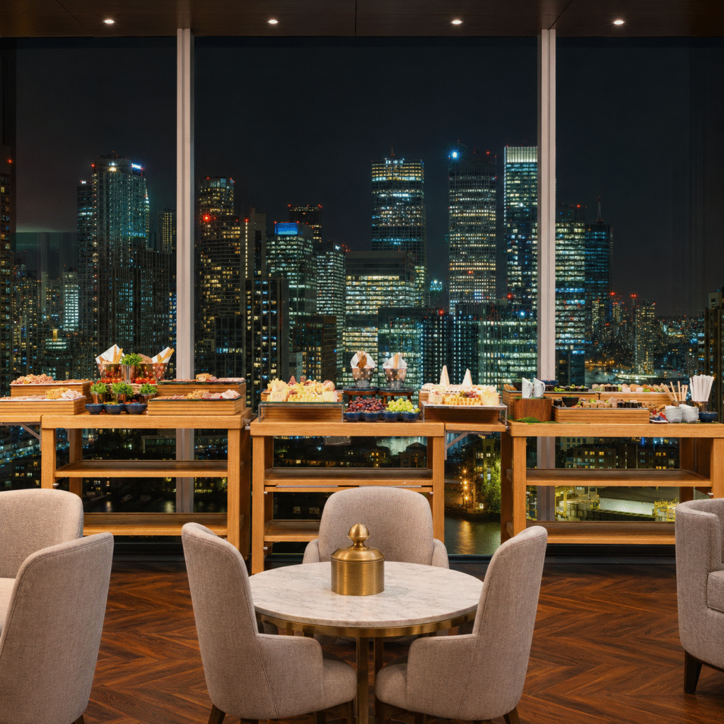 Elegant buffet setup on wooden tables against a nighttime city skyline viewed through large windows, with round marble table and beige chairs in the foreground