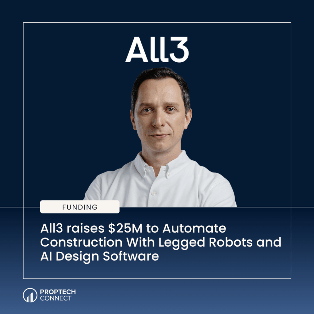 All3 funding announcement: man in white shirt against dark blue background with headline about raising $25M for AI design software and robots.