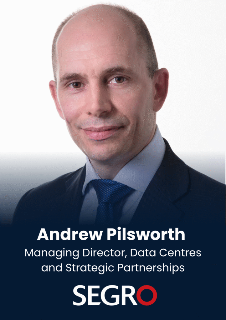 Portrait of Andrew Pilsworth, Managing Director, Data Centres and Strategic Partnerships at SEGRO, in a dark suit and blue tie.