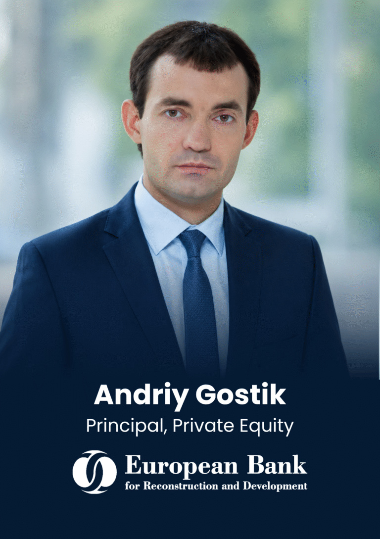Portrait of Andriy Gostik in a navy suit and blue tie, with the text 'Andriy Gostik, Principal, Private Equity' and the European Bank for Reconstruction and Development logo on a dark blue banner.