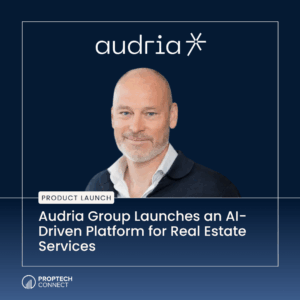 Audria product-launch banner with a man’s headshot on a dark blue gradient, Audria logo, and an AI-driven real estate platform headline.