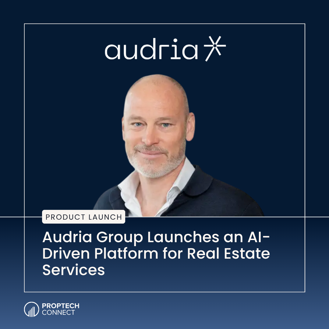 Audria product-launch banner with a man’s headshot on a dark blue gradient, Audria logo, and an AI-driven real estate platform headline.