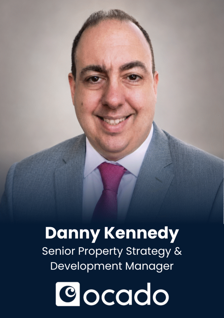 Portrait of Danny Kennedy, Senior Property Strategy & Development Manager, in a grey suit with a pink tie, with branding at the bottom.
