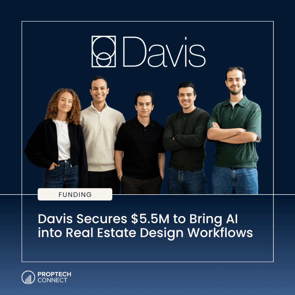 Five professionals stand in front of a dark blue Davis banner; headline announces $5.5M funding to bring AI to real estate design workflows.