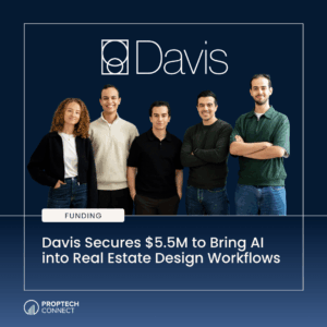 Five professionals stand in front of a dark blue Davis banner; headline announces $5.5M funding to bring AI to real estate design workflows.