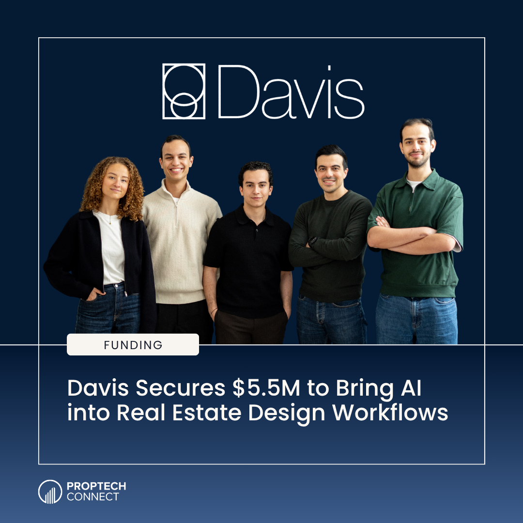 Five professionals stand in front of a dark blue Davis banner; headline announces $5.5M funding to bring AI to real estate design workflows.