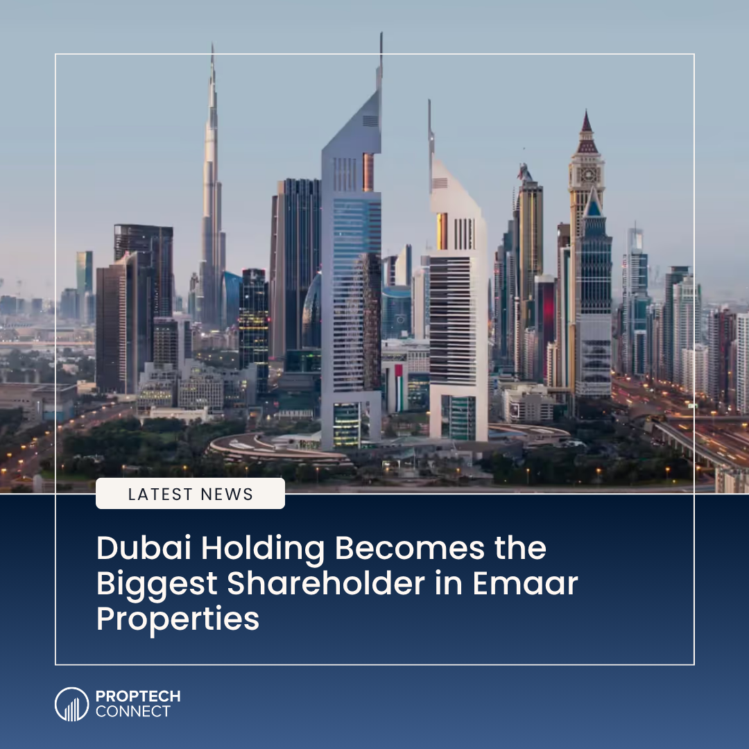 Dubai skyline with a blue banner announcing: 'Dubai Holding becomes the biggest shareholder in Emaar Properties' (Latest News).
