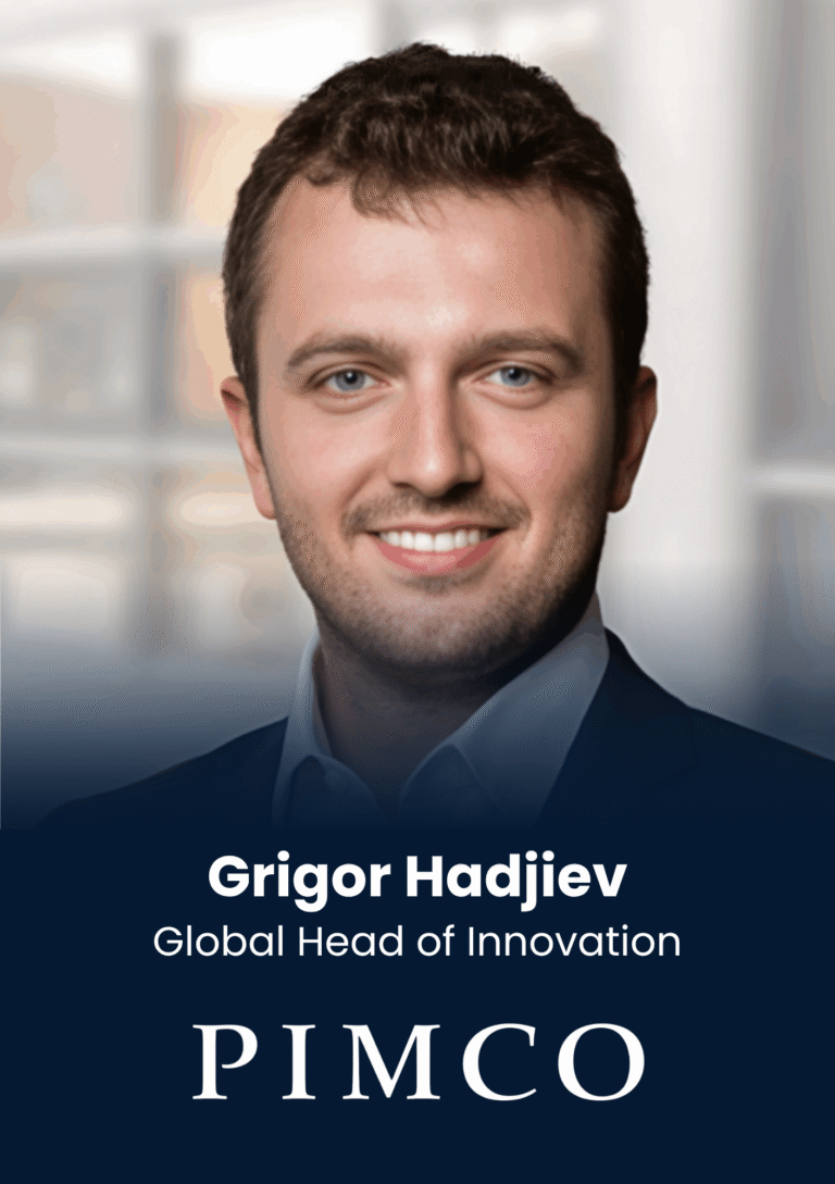 Portrait of Grigor Hadjiev, Global Head of Innovation at PIMCO, in a navy banner headshot with partial company logo visible behind him