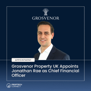 Announcement graphic: Grosvenor Property UK appoints Jonathan Rae as Chief Financial Officer; portrait of a man in a suit on a blue background with a logo above.