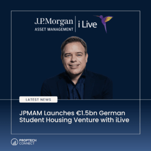 J.P. Morgan iLive promotional banner showing a man in a dark suit and the headline about a €1.5bn German student housing venture.