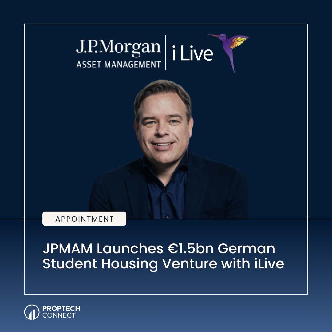 Banner announcing JPMAM launches €1.5bn German student housing venture with iLive; smiling man in a navy suit pictured at top.