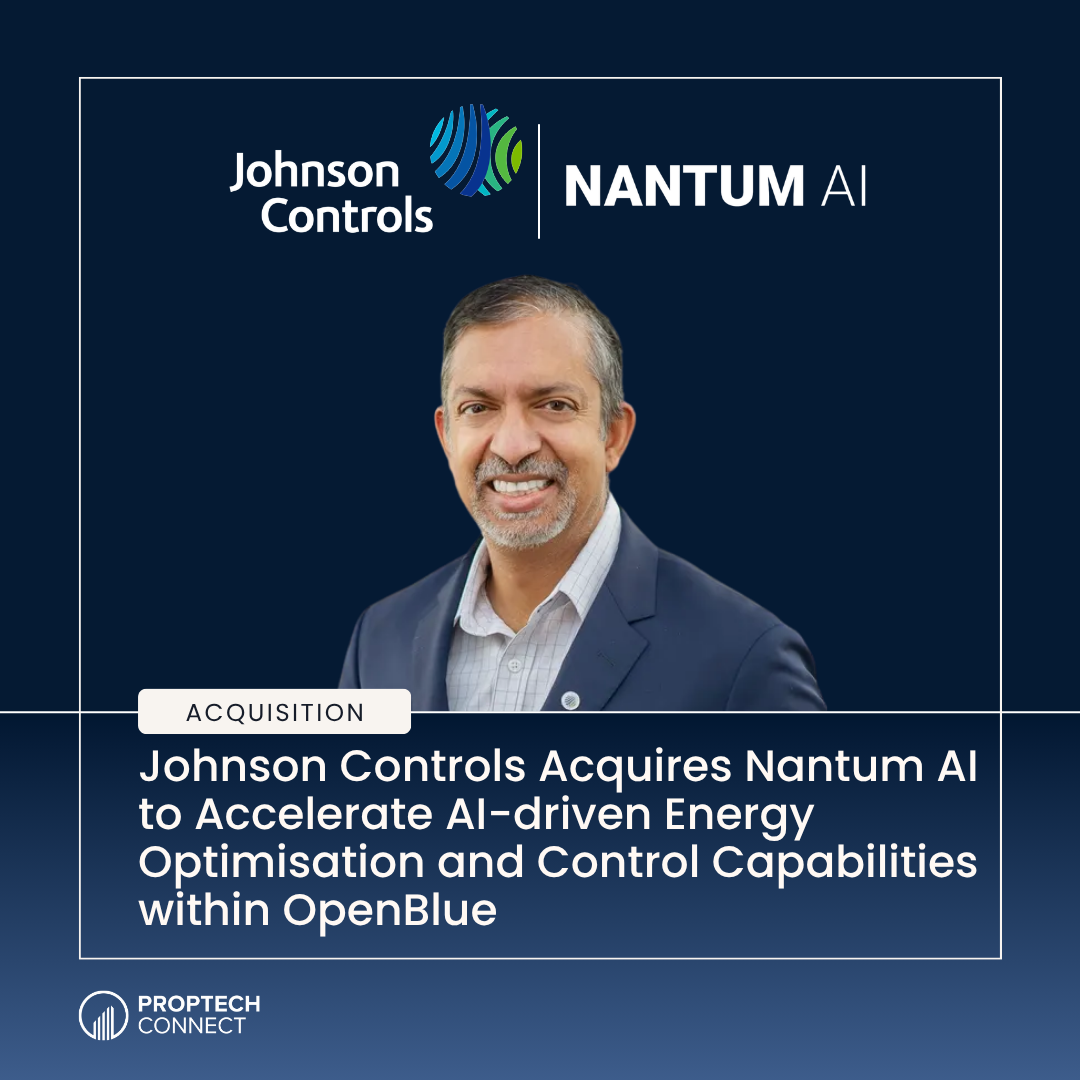 Banner announcing Johnson Controls acquires Nantum AI to accelerate AI-powered energy optimization in OpenBlue, with a smiling executive photo.