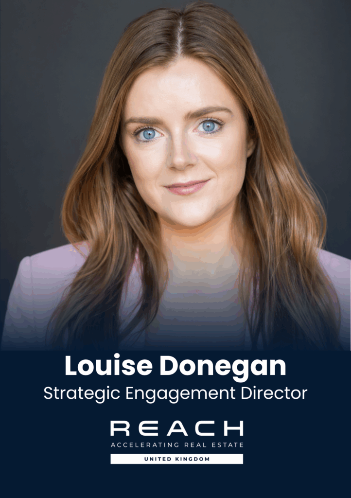 Portrait of Louise Donegan with blue eyes, on a navy banner displaying her name and title: Strategic Engagement Director (REACH).