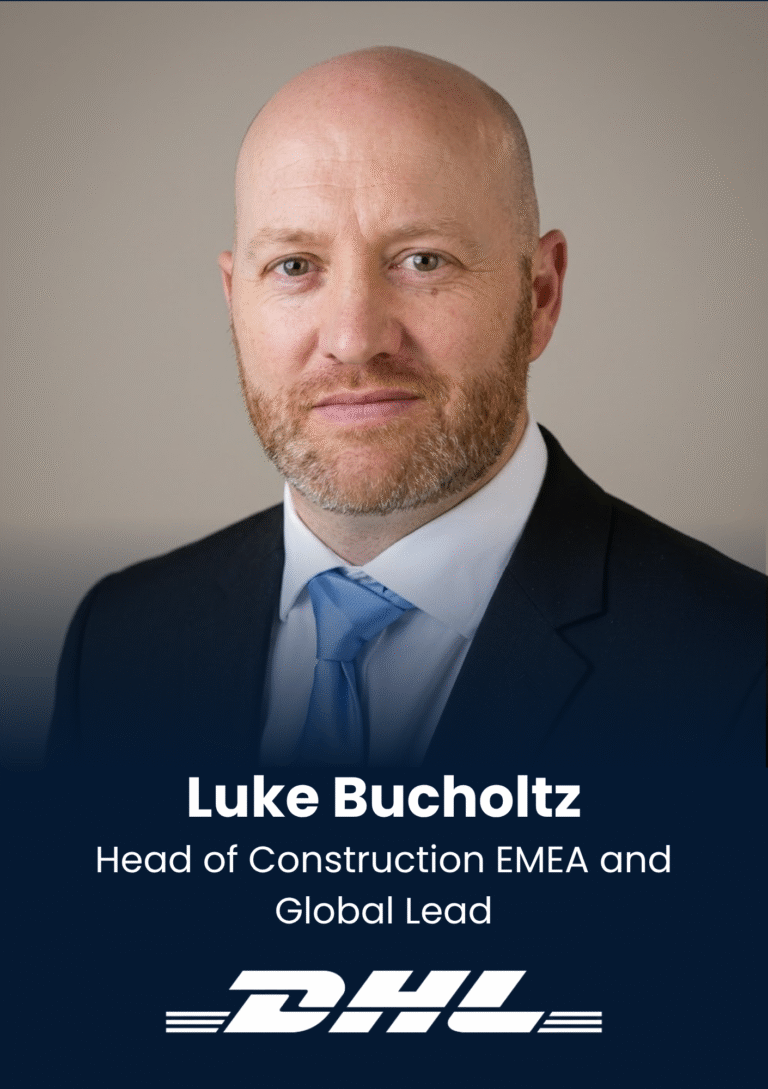 Head-and-shoulders portrait of Luke Bucholtz in a suit and blue tie, title below identifying him as Head of Construction EMEA and Global Lead (DHL).