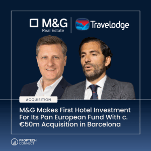 Acquisition banner with M&G Real Estate and Travelodge logos above two suited men; headline about a €50m Barcelona hotel acquisition, pan-European fund.