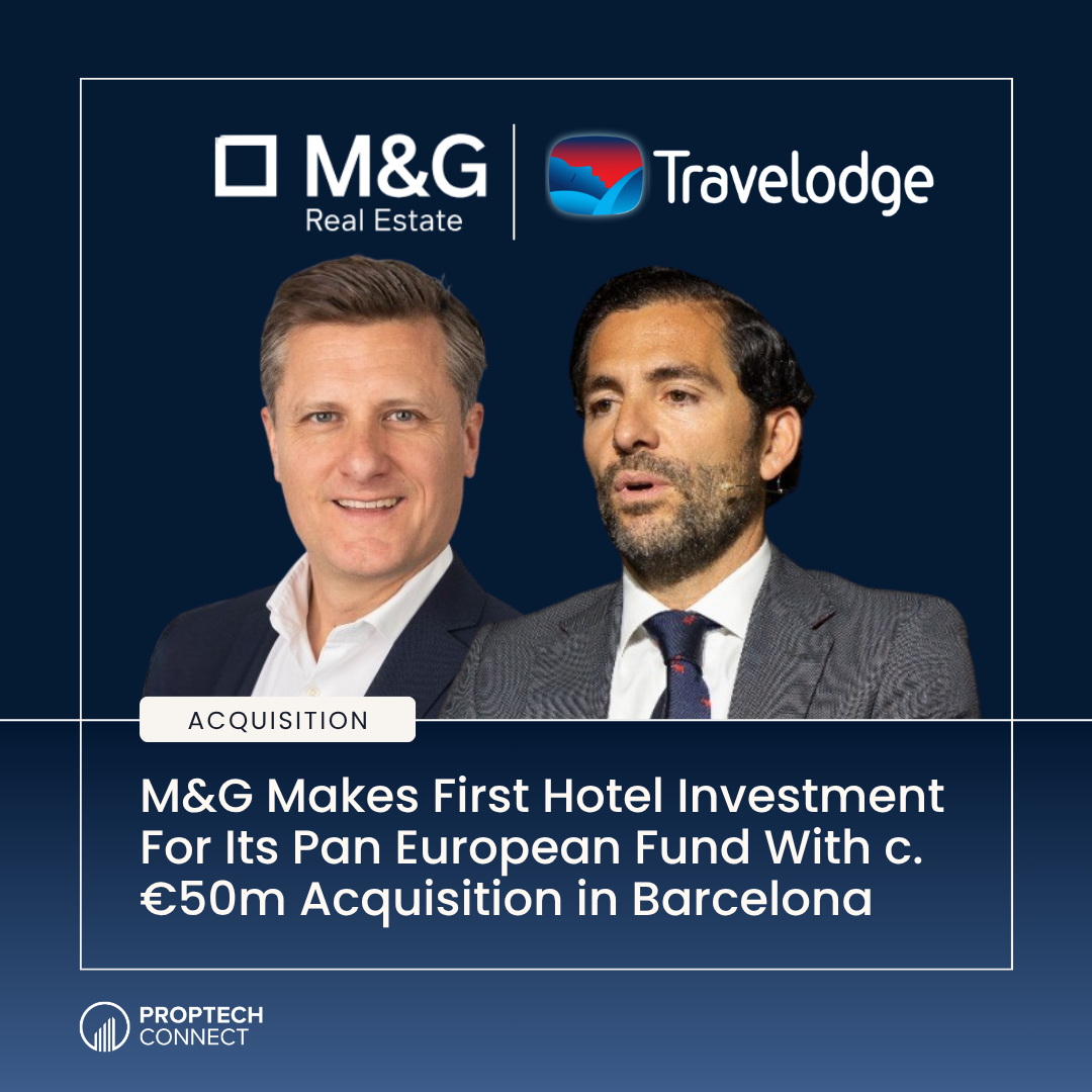 Acquisition banner with M&G Real Estate and Travelodge logos above two suited men; headline about a €50m Barcelona hotel acquisition, pan-European fund.