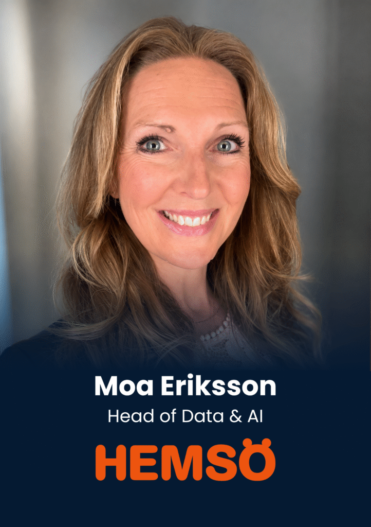 Portrait of Moa Eriksson smiling with a blue banner showing her name and title, Head of Data & AI, and the HEMSÖ logo.