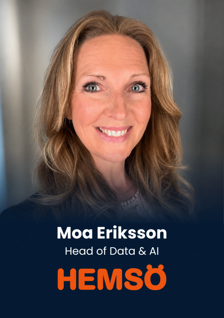 Portrait of Moa Eriksson smiling with a blue banner showing her name and title, Head of Data & AI, and the HEMSÖ logo.