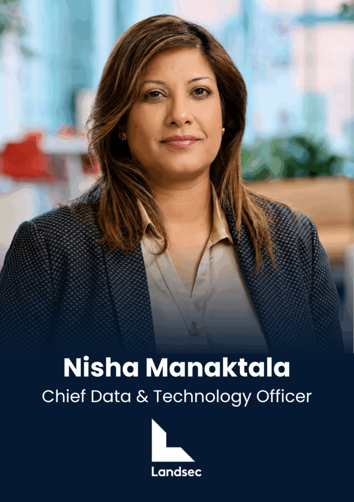 Portrait of Nisha Manaktala, Chief Data & Technology Officer at Landsec, wearing a navy blazer with a blurred office background and logo at the bottom.