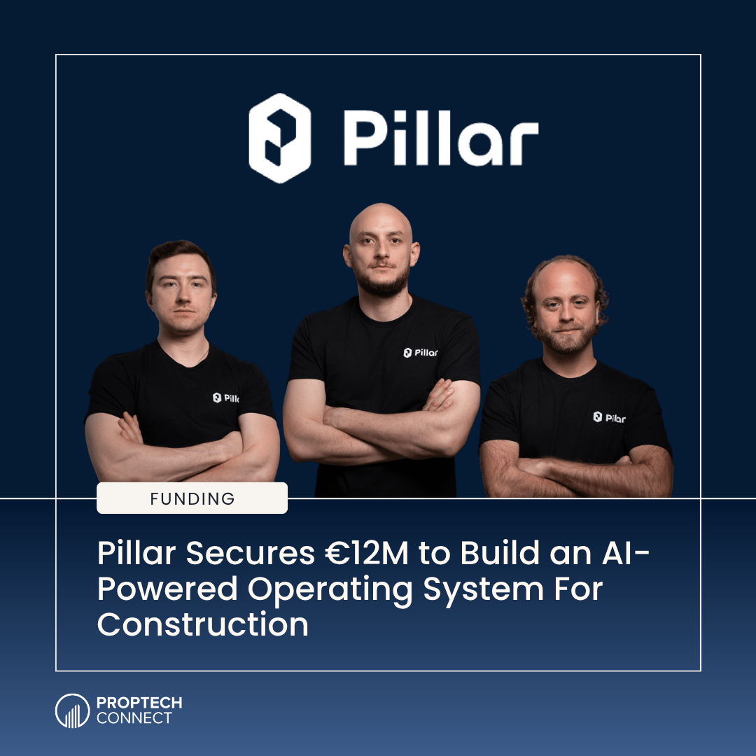 Pillar founders in black shirts beneath the Pillar logo, with a 'Funding' badge and a headline about €12M funding for an AI-powered OS for construction.