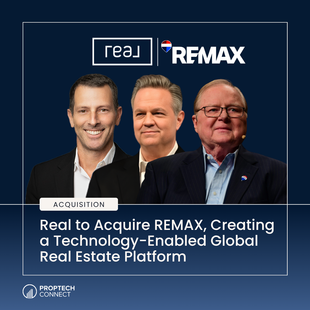 Acquisition banner with three suited executives, Real and REMAX logos, and headline announcing Real to Acquire REMAX for a technology-enabled global real estate platform.